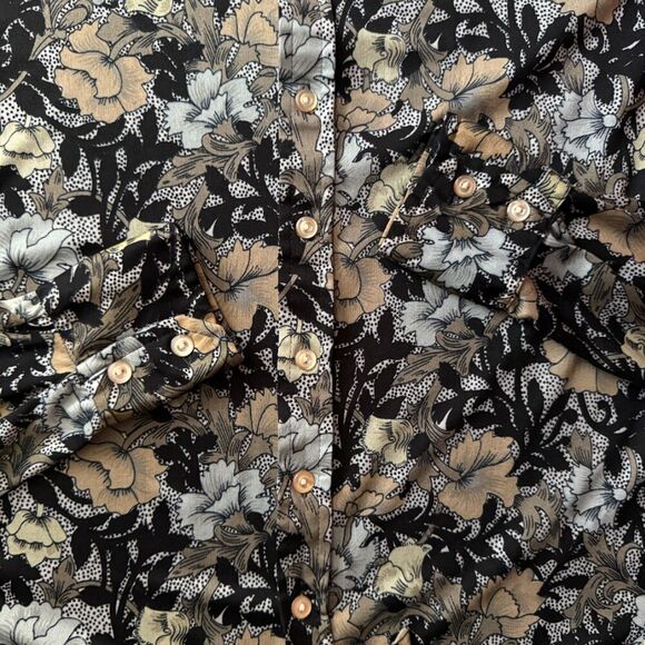 Rare 70s Vintage Brown, Black & Gray Floral Long Sleeve Button Down Top Size M - Picture 10 of 14